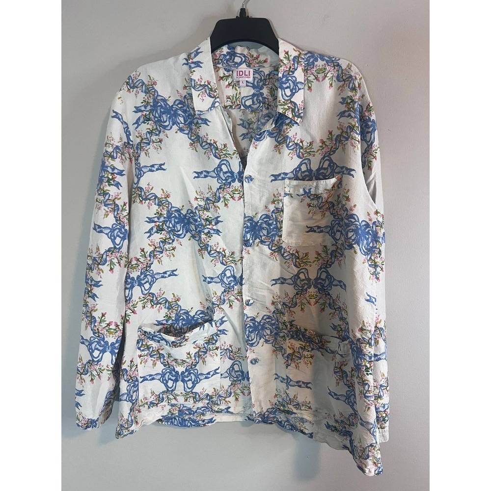 Idli by Thierry Journo French Designer Blue Ribbon Floral Button Down Shirt L